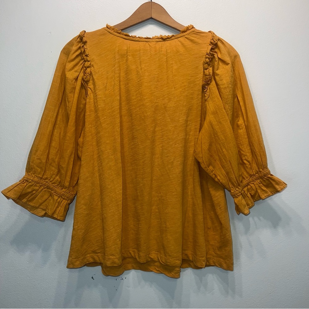 Anthropologie Smocked 3/4 Puff Sleeve (woven) Shirt (knit) Mustard Yellow L - Picture 6 of 10